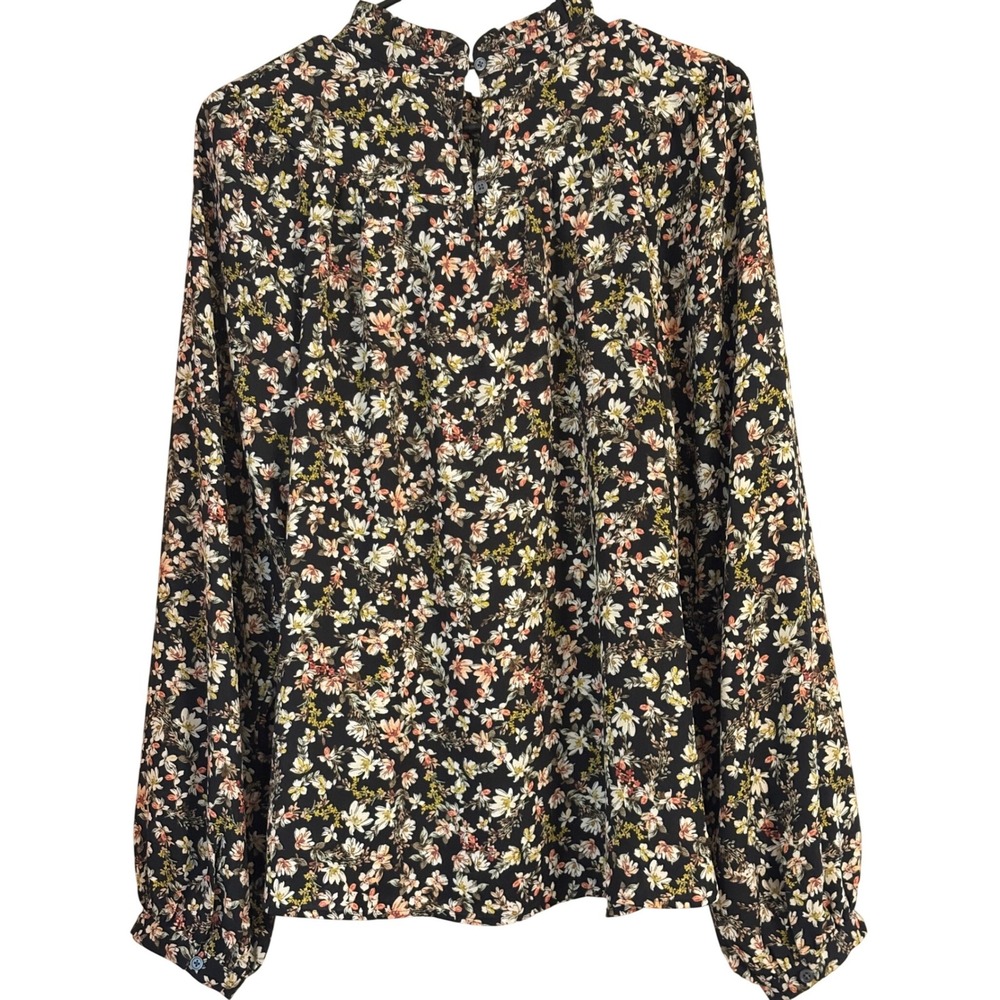LOFT Floral Smocked Mock Neck Blouse Black Multi Long Sleeve Top Large - Picture 3 of 6